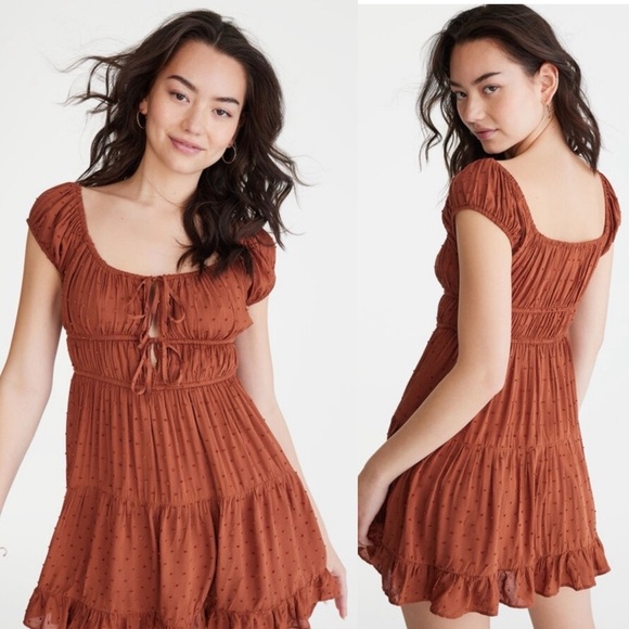 Aeropostale Solid Scoop-Neck Swiss Dot Fit & Flare Dress Sz L - Picture 2 of 11